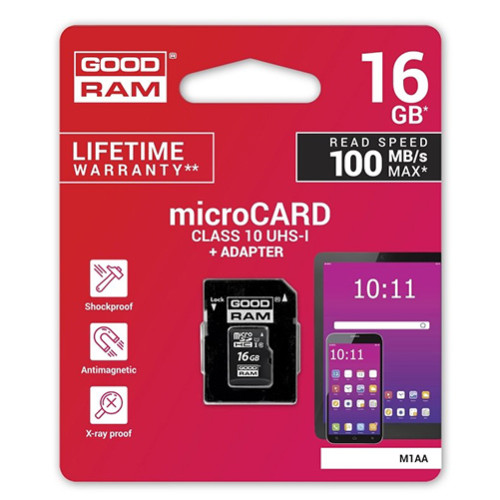 Κάρτα μνήμης GOODRAM Micro SD UHS-1 16GB Class 10 με αντάπτορα SD M1AA-0160R12