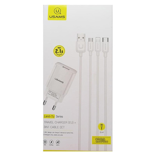 Φορτιστής ταξιδίου Αντάπτορας Usams CC075 3 x USB 2100mAh& καλώδιο 3 σε 1 White