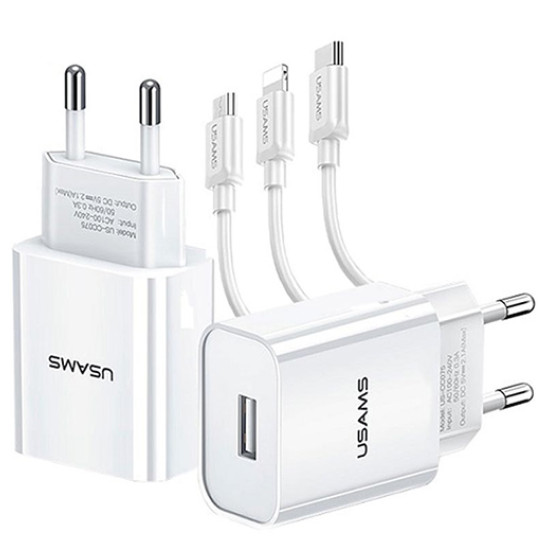 Φορτιστής ταξιδίου Αντάπτορας Usams CC075 3 x USB 2100mAh& καλώδιο 3 σε 1 White