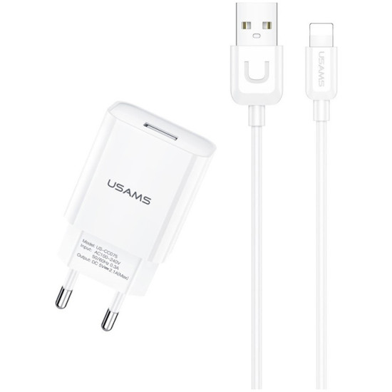 Φορτιστής ταξιδίου Αντάπτορας Usams T21 + Lightning Data Cable 2100mAh White